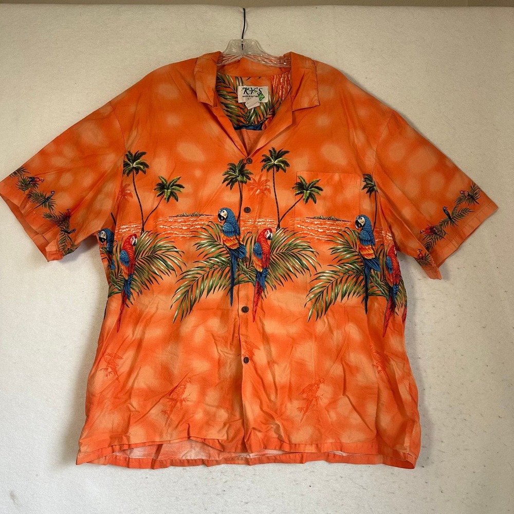 Ky's Hawaiian Shirt Mens 3XL Orange Parrot Palm Tree Cotton Aloha Made‎ in USA